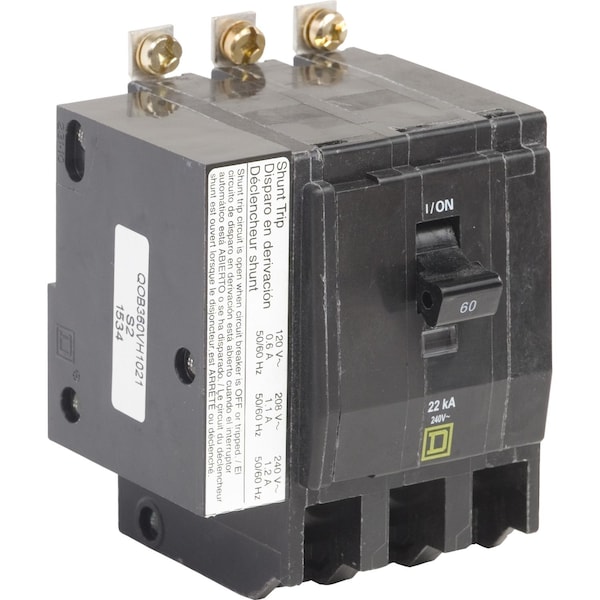 Square D Miniature Circuit Breaker, QOB Series, 60A, 3 Pole, 120/240V AC, 22kA at 120/240V AC - QOB360VH1021