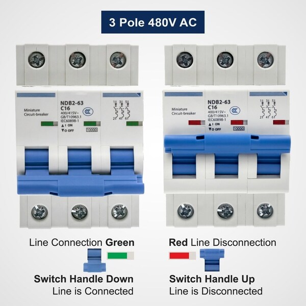 Automation Systems Interconnect Miniature Circuit Breaker, 3 Pole, 2 Amp, 240 Vac, 60 Vdc, C Trip Curve, Ul1077, DIN Rail Mounted, 4PK - NDB2-63C2-3