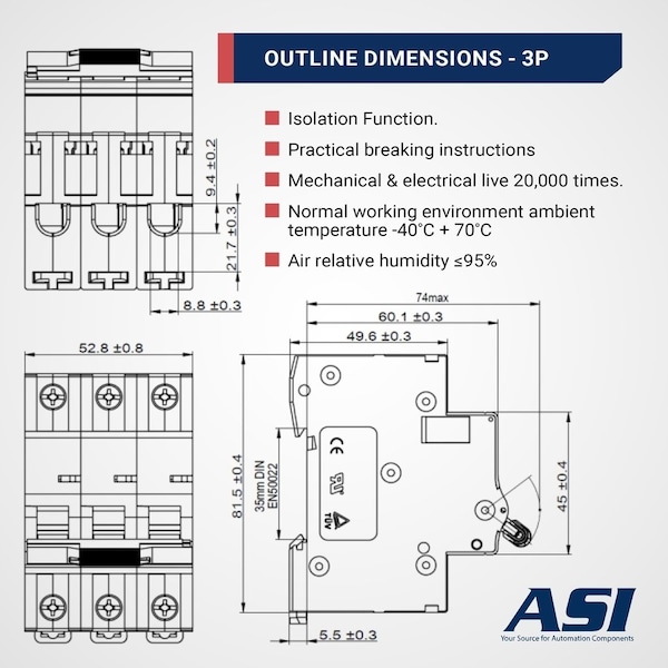 Automation Systems Interconnect Miniature Circuit Breaker, 3 Pole, 2 Amp, 240 Vac, 60 Vdc, C Trip Curve, Ul1077, DIN Rail Mounted, 4PK - NDB2-63C2-3