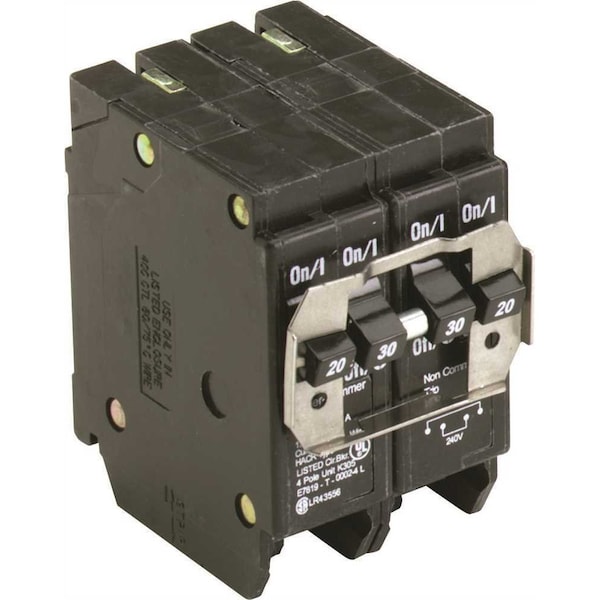 Eaton Circuit Breaker, BR Series, 20/30A, 4 Pole, 120/240V AC, 10kA - BQC220230