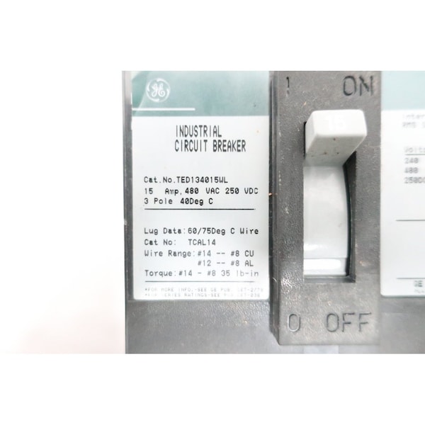 Ge 3P 15A AMP 480V-AC 250V-DC MOLDED CASE CIRCUIT BREAKER - TED134015WL