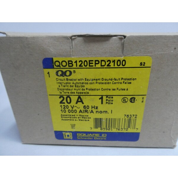 Square D Miniature Circuit Breaker, QOB Series, 20A, 1 Pole, 120V AC, 10kA at 120V AC - QOB120EPD2100
