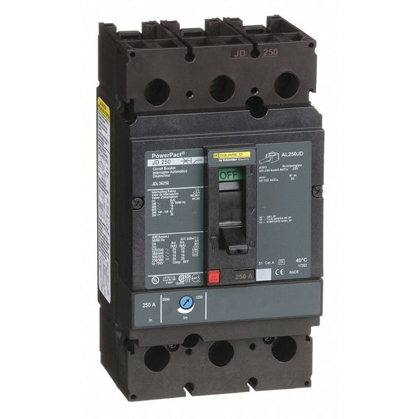 Square D Molded Case Circuit Breaker, JDL Series, 250A, 3 Pole, 600V AC, 25kA at 240V AC - JDL36250