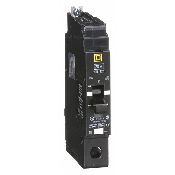 Square D Miniature Circuit Breaker, EGB Series, 20A, 1 Pole, 277V AC, 65kA at 120V AC - EGB14020