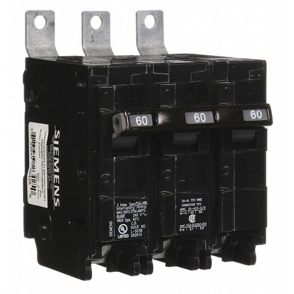 Siemens Miniature Circuit Breaker, BL Series, 60A, 3 Pole, 240V AC, 65kA at 240V AC - B360HH