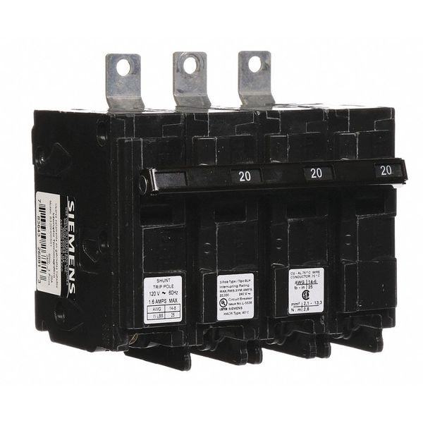 Siemens Miniature Circuit Breaker, BL Series, 20A, 3 Pole, 120/240V AC, 22kA at 240V AC - B320H00S01