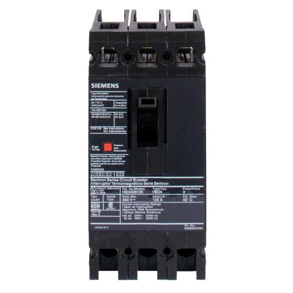 Siemens Molded Case Circuit Breaker, HED4 Series, 110A, 3 Pole, 480V AC, 42kA at 480V AC - HED43B110
