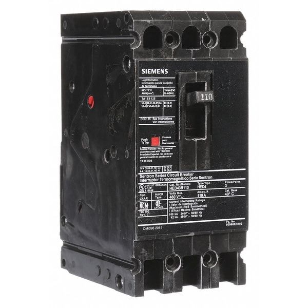 Siemens Molded Case Circuit Breaker, HED4 Series, 110A, 3 Pole, 480V AC, 42kA at 480V AC - HED43B110