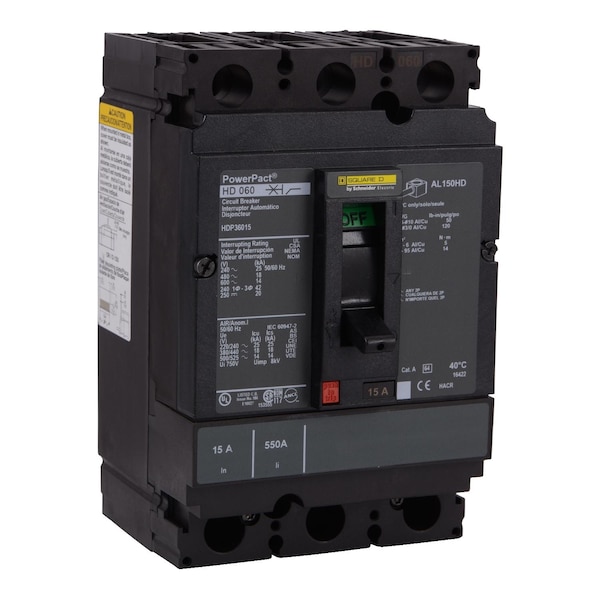Square D Molded Case Circuit Breaker, HDP Series, 40A, 3 Pole, 600V AC, 25kA at 240V AC - HDP36040