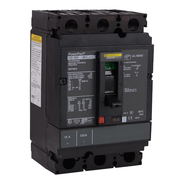 Square D Molded Case Circuit Breaker, HDF Series, 60A, 3 Pole, 600V AC, 25kA at 240V AC - HDF36060