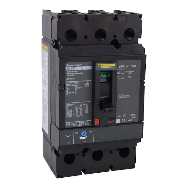 Square D Molded Case Circuit Breaker, JDP Series, 150A, 3 Pole, 600V AC, 25kA at 240V AC - JDP36150