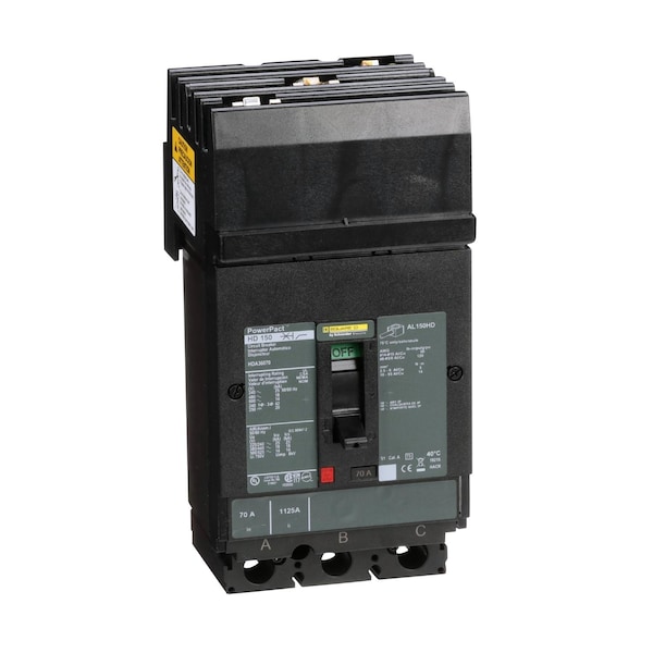Square D Molded Case Circuit Breaker, HDA Series, 70A, 3 Pole, 600V AC, 25kA at 240V AC - HDA36070