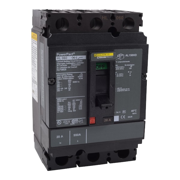 Square D Molded Case Circuit Breaker, HLP Series, 30A, 3 Pole, 600V AC, 125kA at 240V AC - HLP36030