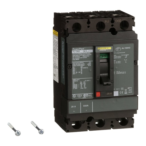 Square D Molded Case Circuit Breaker, HJL Series, 20A, 3 Pole, 600V AC, 100kA at 240V AC - HJL36020