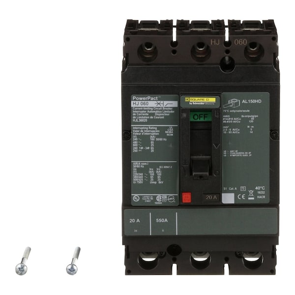 Square D Molded Case Circuit Breaker, HJL Series, 20A, 3 Pole, 600V AC, 100kA at 240V AC - HJL36020