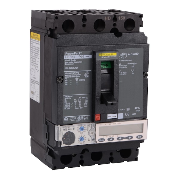 Square D Molded Case Circuit Breaker, HDL Series, 150A, 3 Pole, 600V AC, 25kA at 240V AC - HDL36150CU44X