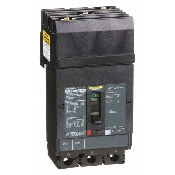 Square D Molded Case Circuit Breaker, HJA Series, 20A, 3 Pole, 600V AC, 100kA at 240V AC - HJA36020