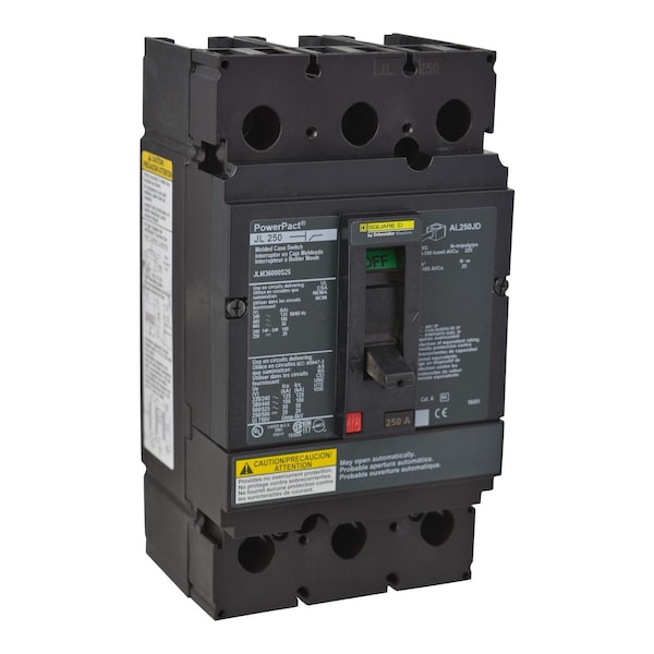 Square D Molded Case Circuit Breaker, JLM Series, 250A, 3 Pole, 600V AC, 125kA at 240V AC - JLM36000S25