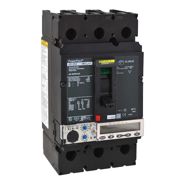 Square D Molded Case Circuit Breaker, JDL Series, 250A, 3 Pole, 600V AC, 25kA at 240V AC - JDL36250U44X