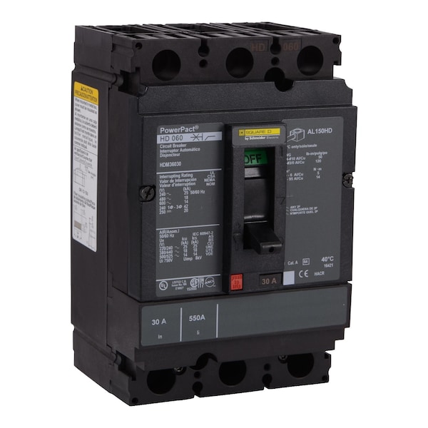 Square D Molded Case Circuit Breaker, HDM Series, 70A, 3 Pole, 600V AC, 25kA at 240V AC - HDM36070