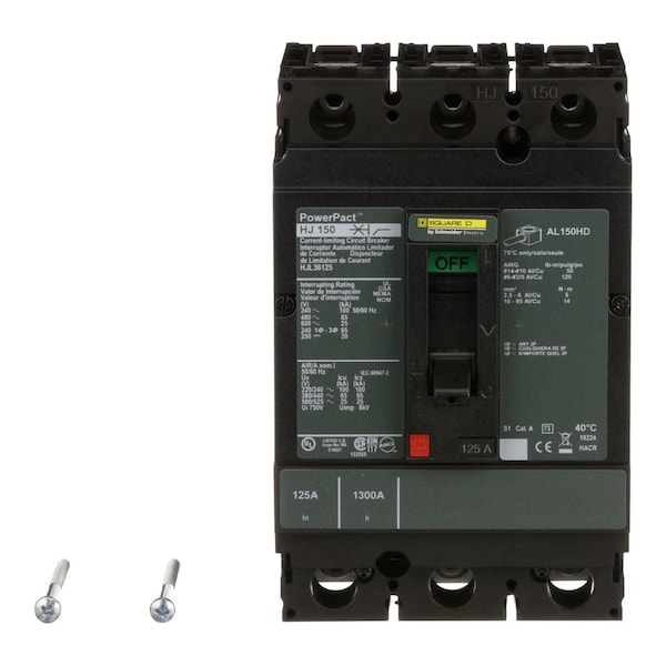 Square D Molded Case Circuit Breaker, HJL Series, 125A, 3 Pole, 600V AC, 100kA at 240V AC - HJL36125