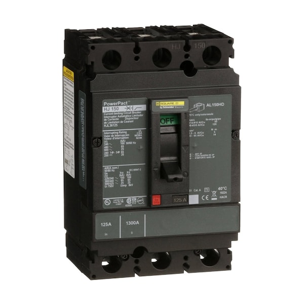 Square D Molded Case Circuit Breaker, HJL Series, 125A, 3 Pole, 600V AC, 100kA at 240V AC - HJL36125