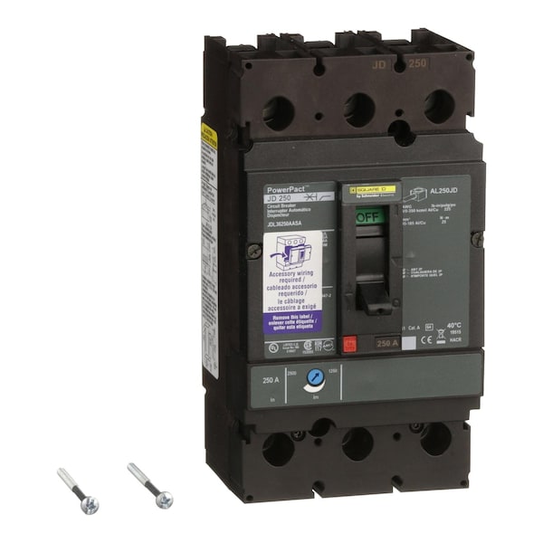 Square D Molded Case Circuit Breaker, JDL Series, 250A, 3 Pole, 600V AC, 25kA at 240V AC - JDL36250AASA
