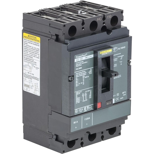 Square D Molded Case Circuit Breaker, HGL Series, 150A, 3 Pole, 600V AC, 65kA at 240V AC - HGL36150C