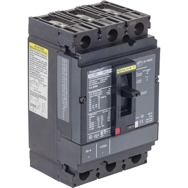 Square D Molded Case Circuit Breaker, HJL Series, 60A, 3 Pole, 600V AC, 100kA at 240V AC - HJL36060C