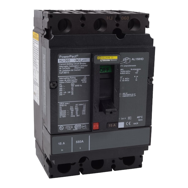Square D Molded Case Circuit Breaker, HJF Series, 125A, 3 Pole, 600V AC, 100kA at 240V AC - HJF36125