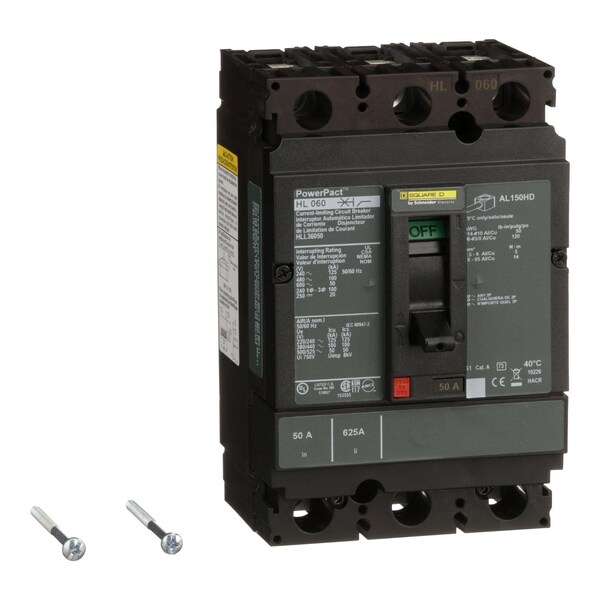 Square D Molded Case Circuit Breaker, HLL Series, 50A, 3 Pole, 600V AC, 125kA at 240V AC - HLL36050