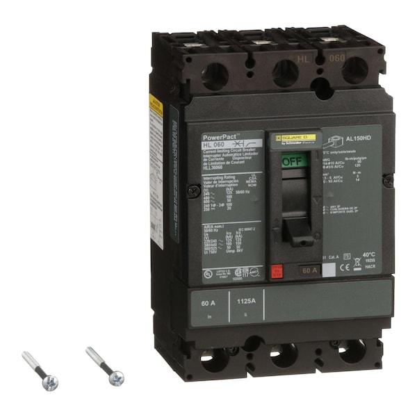Square D Molded Case Circuit Breaker, HLL Series, 60A, 3 Pole, 600V AC, 125kA at 240V AC - HLL36060