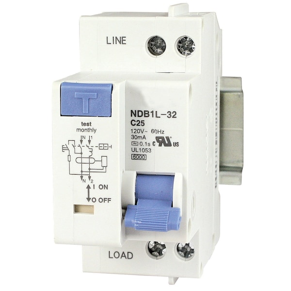 Asi Circuit Breaker, NDB1L-32C Series, 25A, 2 Pole, 240V AC, 4.5kA, C Curve - NDB1L-32C-25-240V