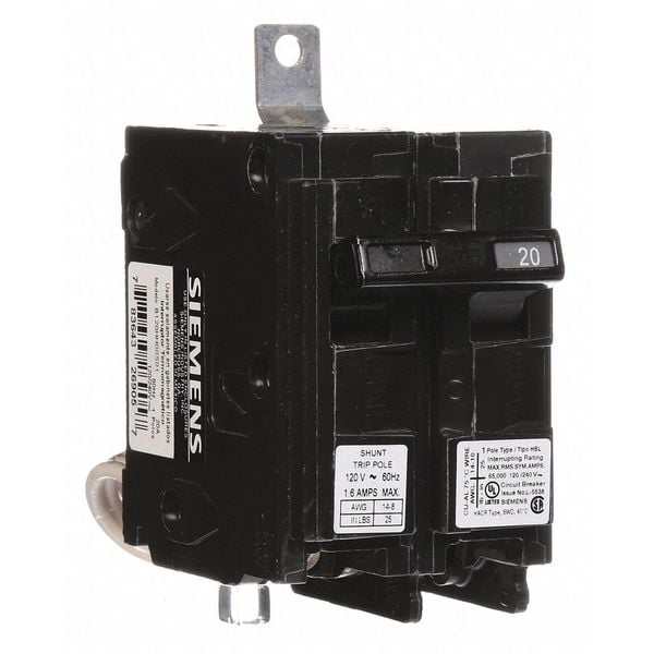 Siemens Miniature Circuit Breaker, BL Series, 20A, 1 Pole, 120/240V AC, 65kA at 120V AC - B120HH00S01