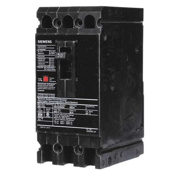Siemens Molded Case Circuit Breaker, HED4 Series, 50A, 3 Pole, 480V AC, 42kA at 480V AC - HED43B050