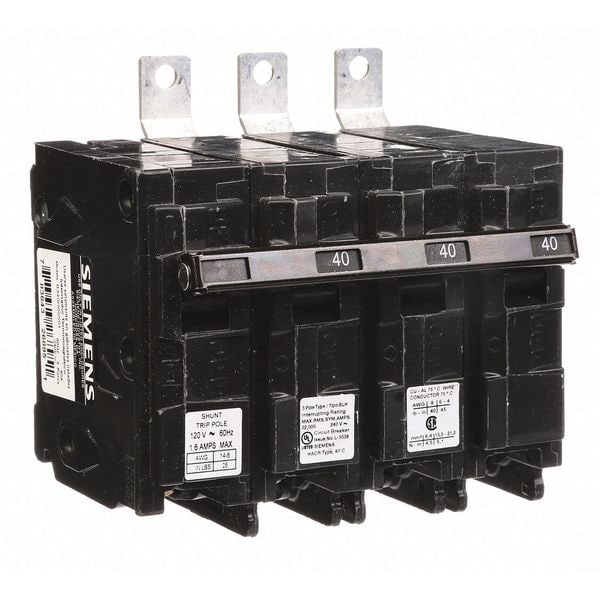 Siemens Miniature Circuit Breaker, BL Series, 40A, 3 Pole, 120/240V AC, 22kA at 120/240V AC - B340H00S01