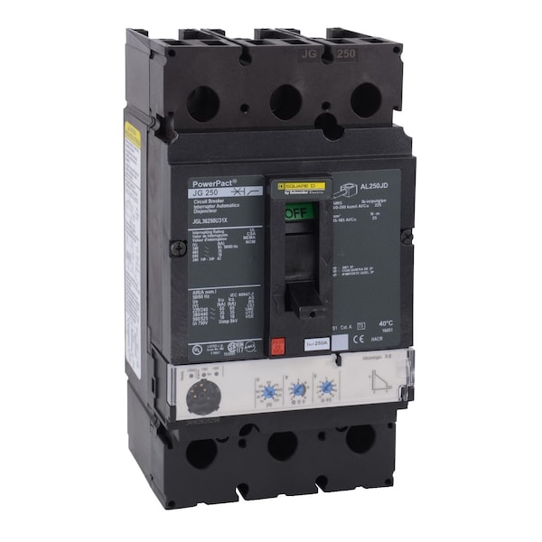 Square D Molded Case Circuit Breaker, JGL Series, 250A, 3 Pole, 277/480V AC, 65kA at 240V AC - JGL34250WU31X