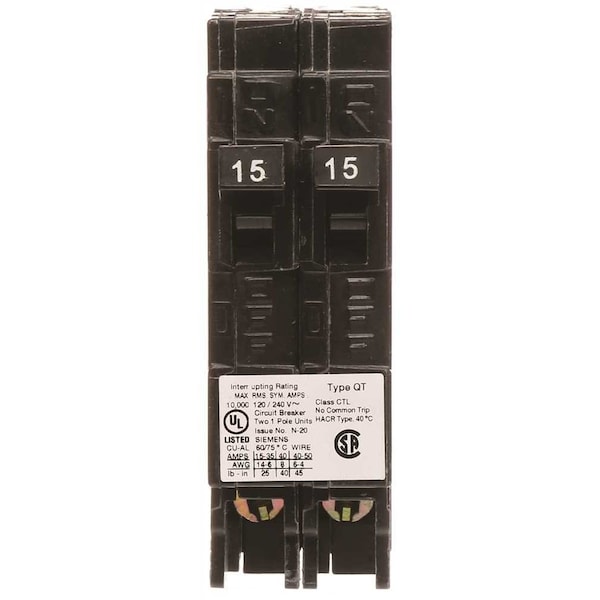 Siemens Circuit Breaker, QT Series, 15A, 1 Pole, 120V AC - Q1515U