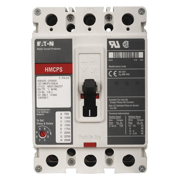 Eaton Molded Case Circuit Breaker, HMCP Series, 15A, 3 Pole, 600V AC, 65kA at 600V AC - HMCPS015E0C