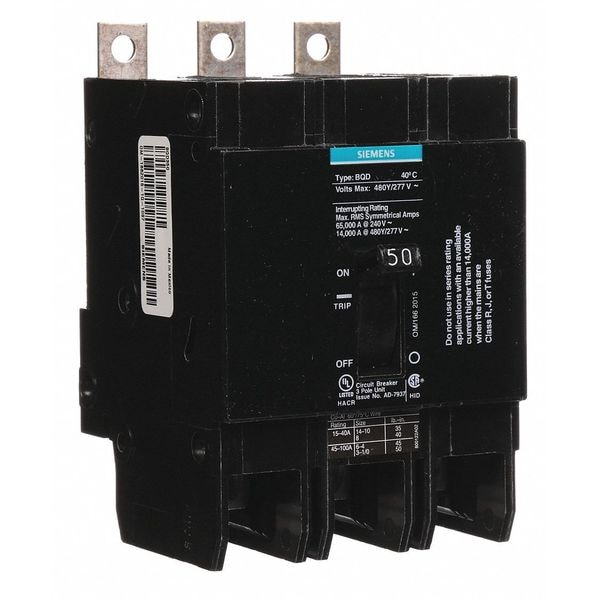 Siemens Miniature Circuit Breaker, BQD Series, 50A, 3 Pole, 480V AC, 14kA at 480V AC - BQD350