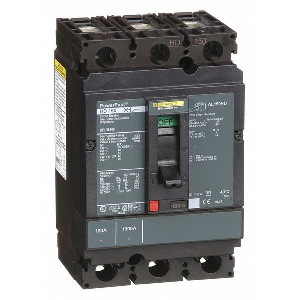 Square D Molded Case Circuit Breaker, HDL Series, 100A, 3 Pole, 600V AC, 25kA at 240V AC - HDL36100