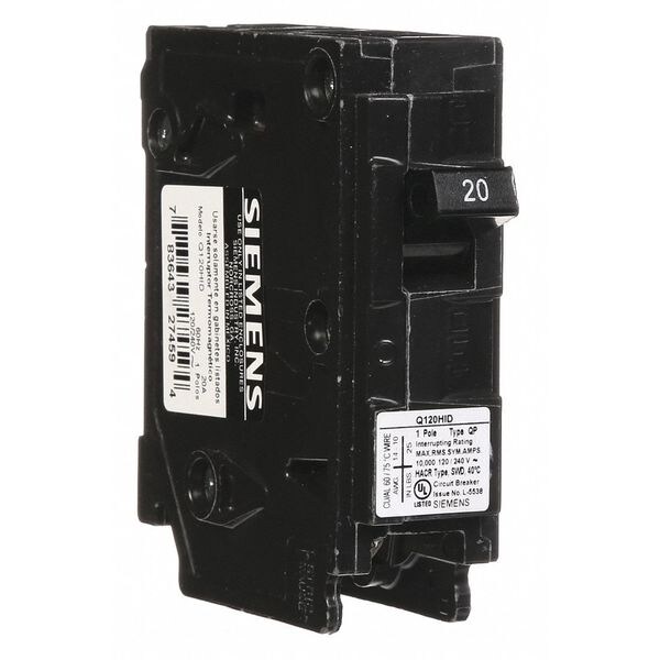 Siemens Miniature Circuit Breaker, Q Series, 20A, 1 Pole, 120V AC, 10kA at 120V AC - Q120HID