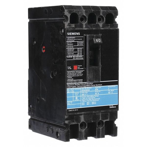 Siemens Molded Case Circuit Breaker, ED4 Series, 60A, 3 Pole, 480V AC, 18kA at 480V AC - ED43B060