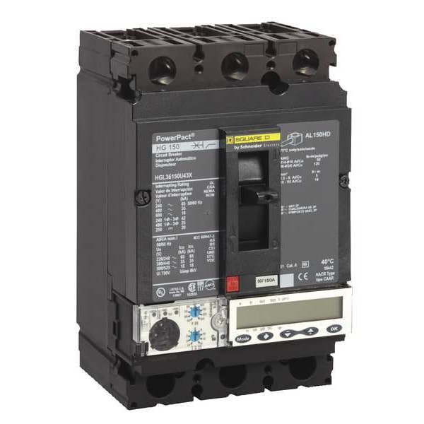 Square D Molded Case Circuit Breaker, HGL Series, 100A, 3 Pole, 600V AC, 65kA at 240V AC - HGL36100U44X
