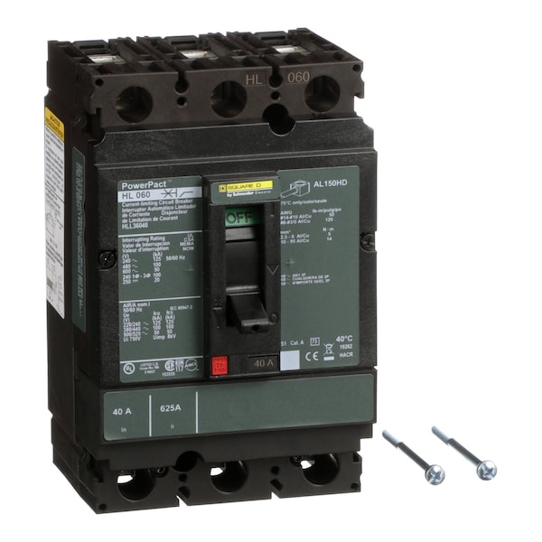 Square D Molded Case Circuit Breaker, HLL Series, 40A, 3 Pole, 600V AC, 125kA at 240V AC - HLL36040