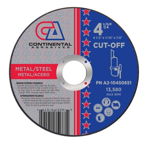 Rueda de corte de diámetro pequeño Signature T1 de Continental Abrasives de 4-1/2" x 1/16" x 7/8" - A2-10450651.