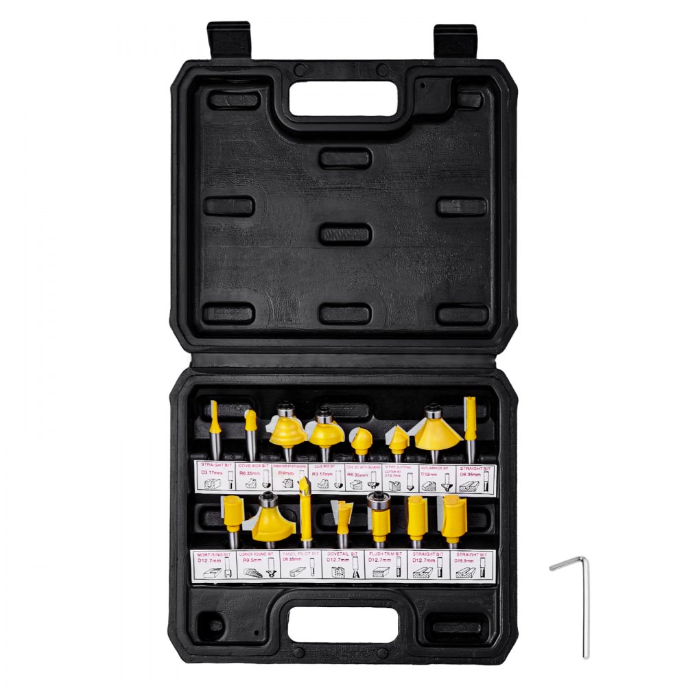 VEVOR Router Bits Set 15 Pieces Carbide Router Bit 1/4 Inch Shank Carrying Case - XBXDTZ1514YCV1I7VV0