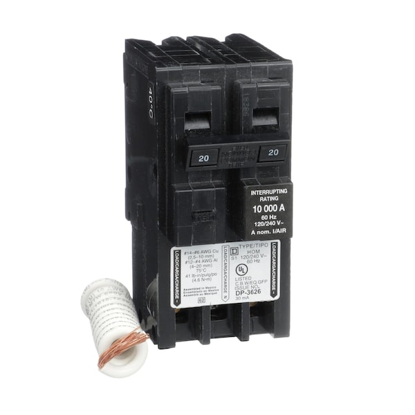 Square D Miniature Circuit Breaker, HOM Series, 20A, 2 Pole, 120/240V AC, 10kA, B Curve - HOM220EPD