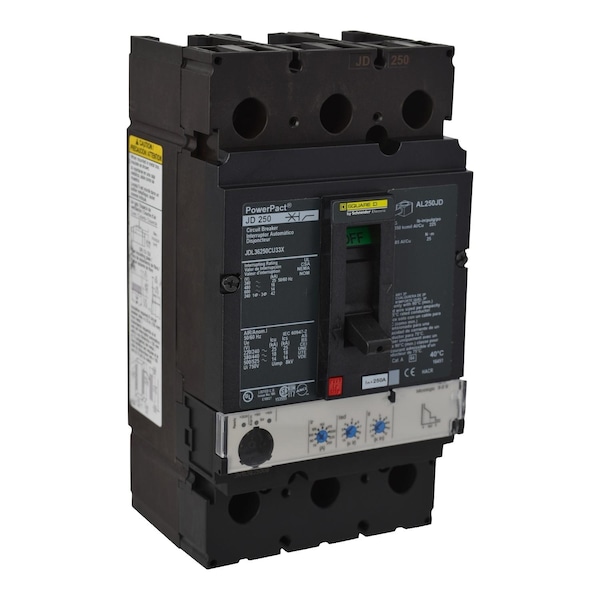 Square D Molded Case Circuit Breaker, JDL Series, 250A, 3 Pole, 600V AC, 25kA at 240V AC - JDL36250CU33X