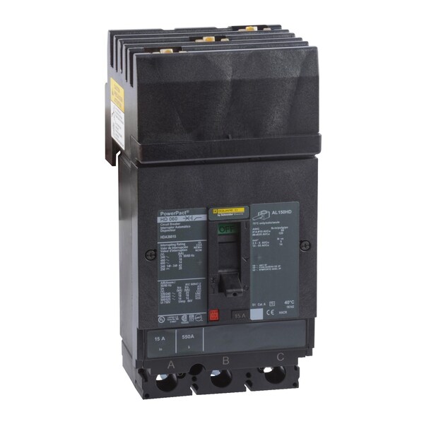 Square D Molded Case Circuit Breaker, HDA Series, 15A, 3 Pole, 600V AC, 25kA at 240V AC - HDA36015